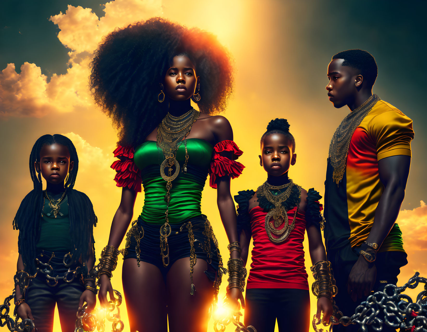 Vibrant African-inspired attire on four individuals against dramatic sky