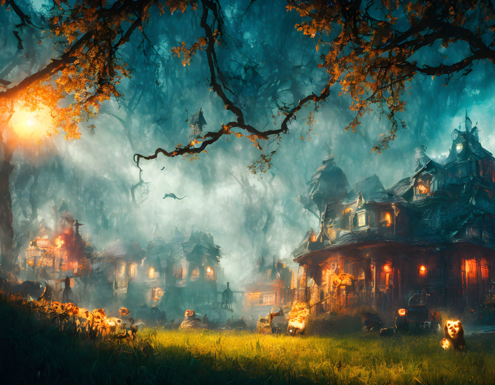 Enchanting Twilight Forest Village with Glowing Lights