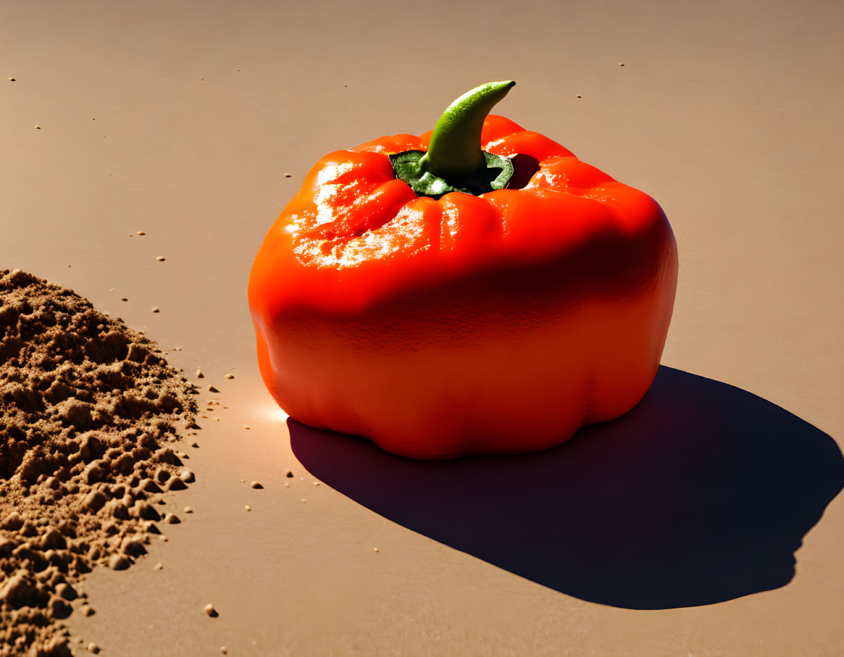 Red Bell Pepper with Green Stem Casting Shadow on Sandy Surface