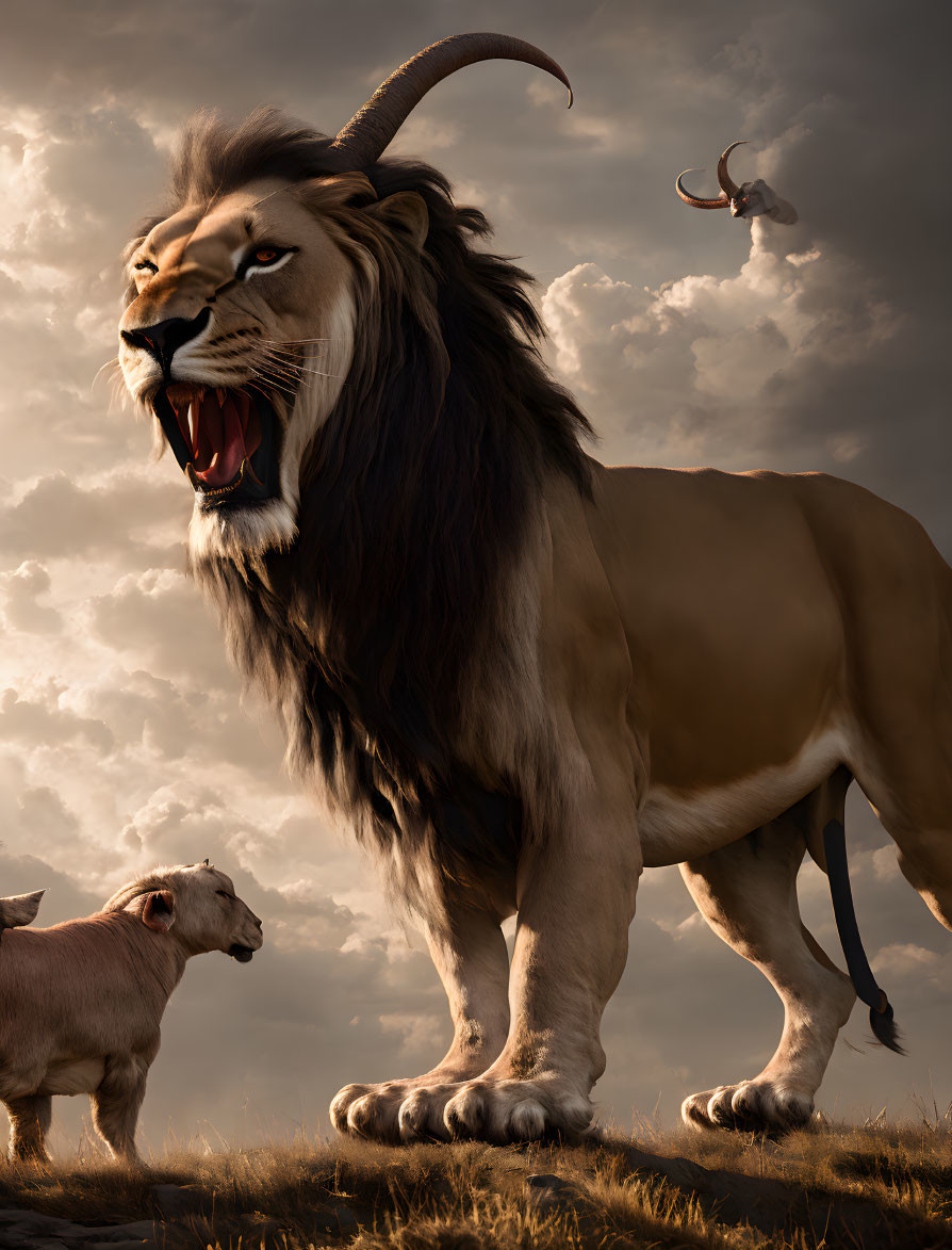 Majestic lion with goat horns on grassland with sheep and bird under dark sky