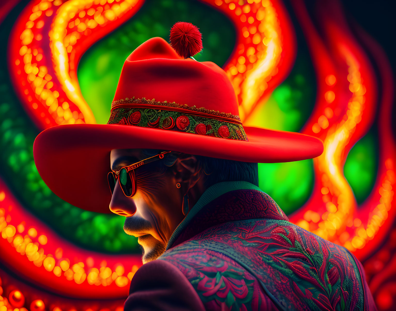 Profile of a person in vibrant red sombrero and ornate jacket against swirling red and green background