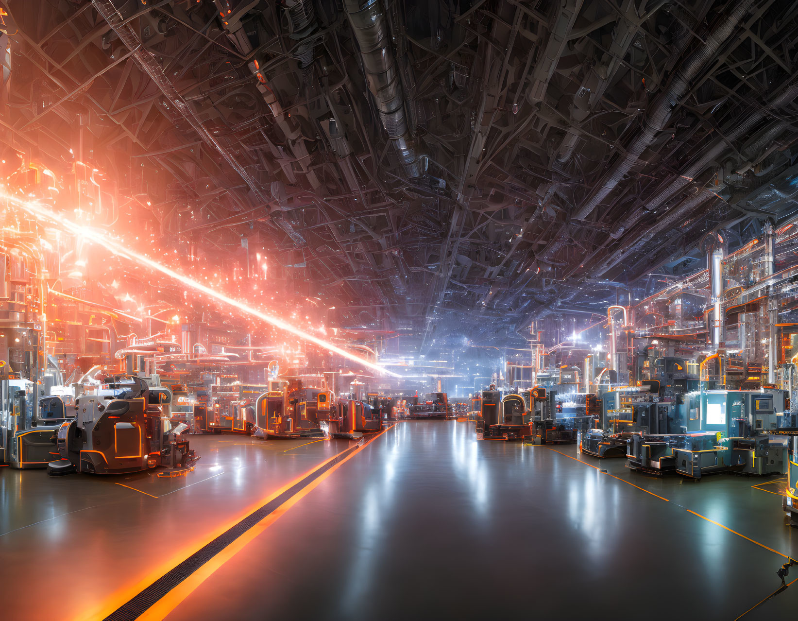 Advanced Machinery and Neon Lights in Futuristic Industrial Facility