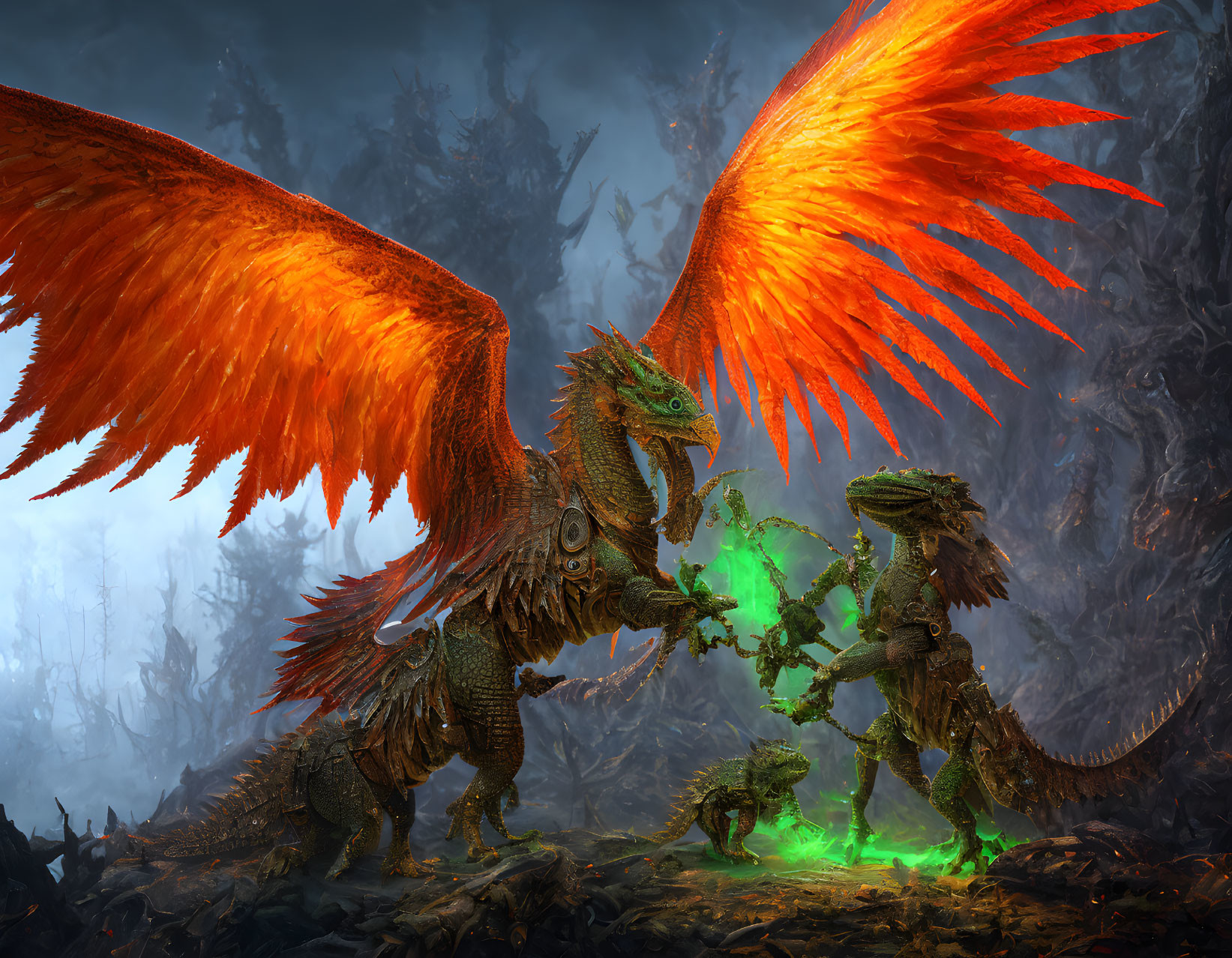 Majestic red-winged dragon with green creatures in dark forest