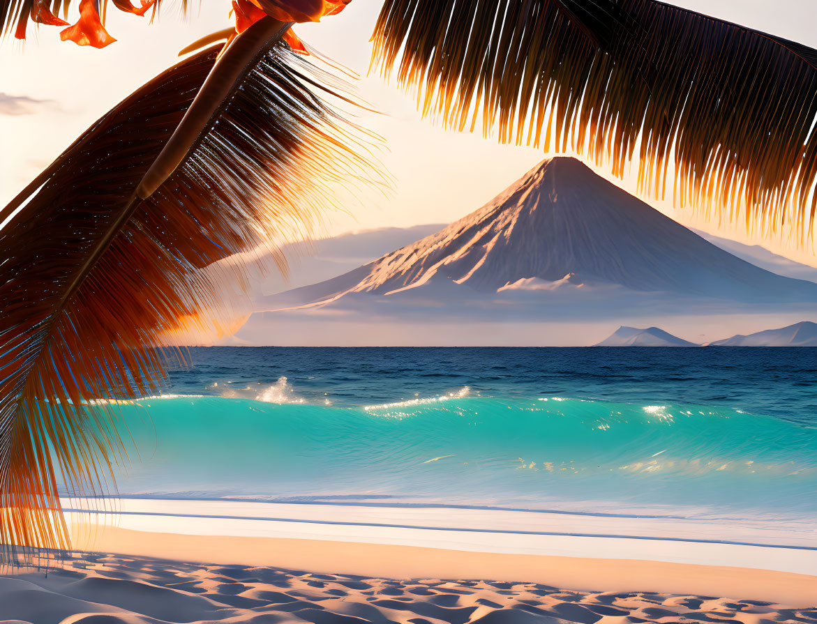 Tropical beach scene with palm frond, turquoise waves, white sand, distant volcano, sunset sky