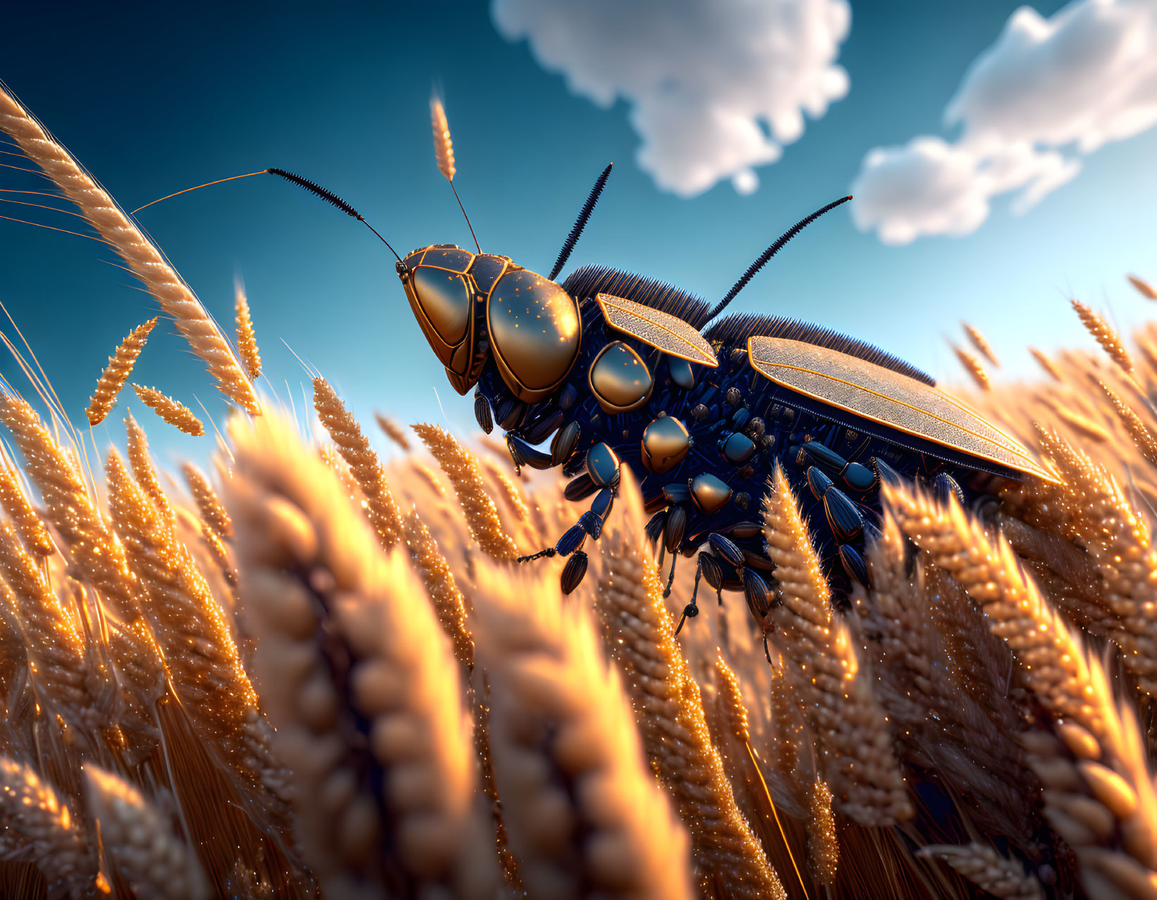 Hyperrealistic Giant Robot Bee in Wheat Field Under Blue Sky