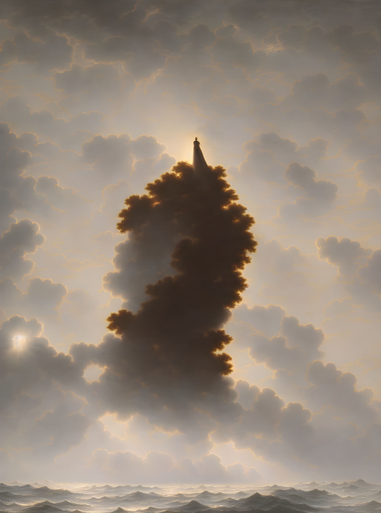 Person standing on tree-shaped cloud under dramatic sky with sunlight piercing through clouds