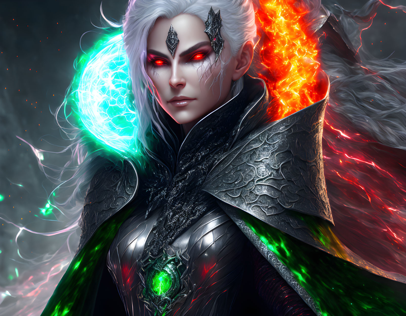 Fantasy character with pale skin, red eyes, fiery orange and cool blue energy, black armor,