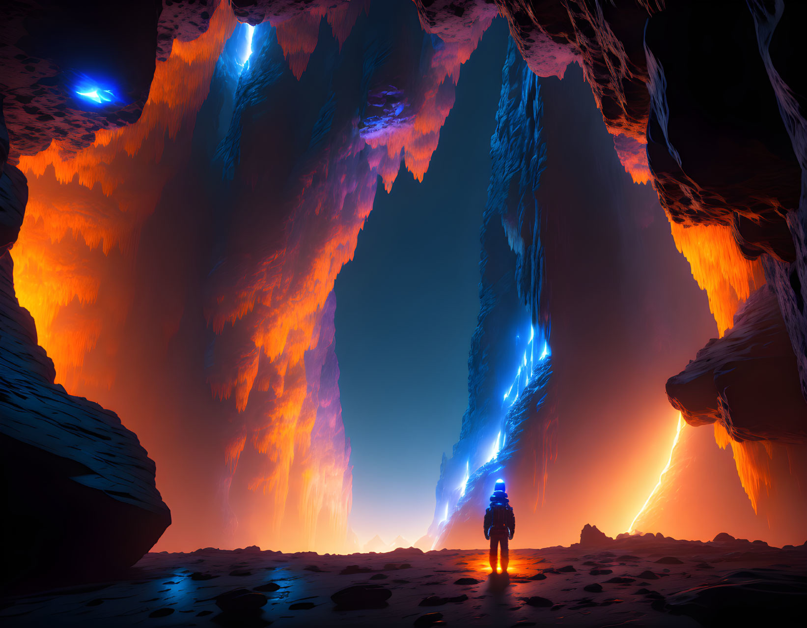 Astronaut in alien cave with glowing blue formations