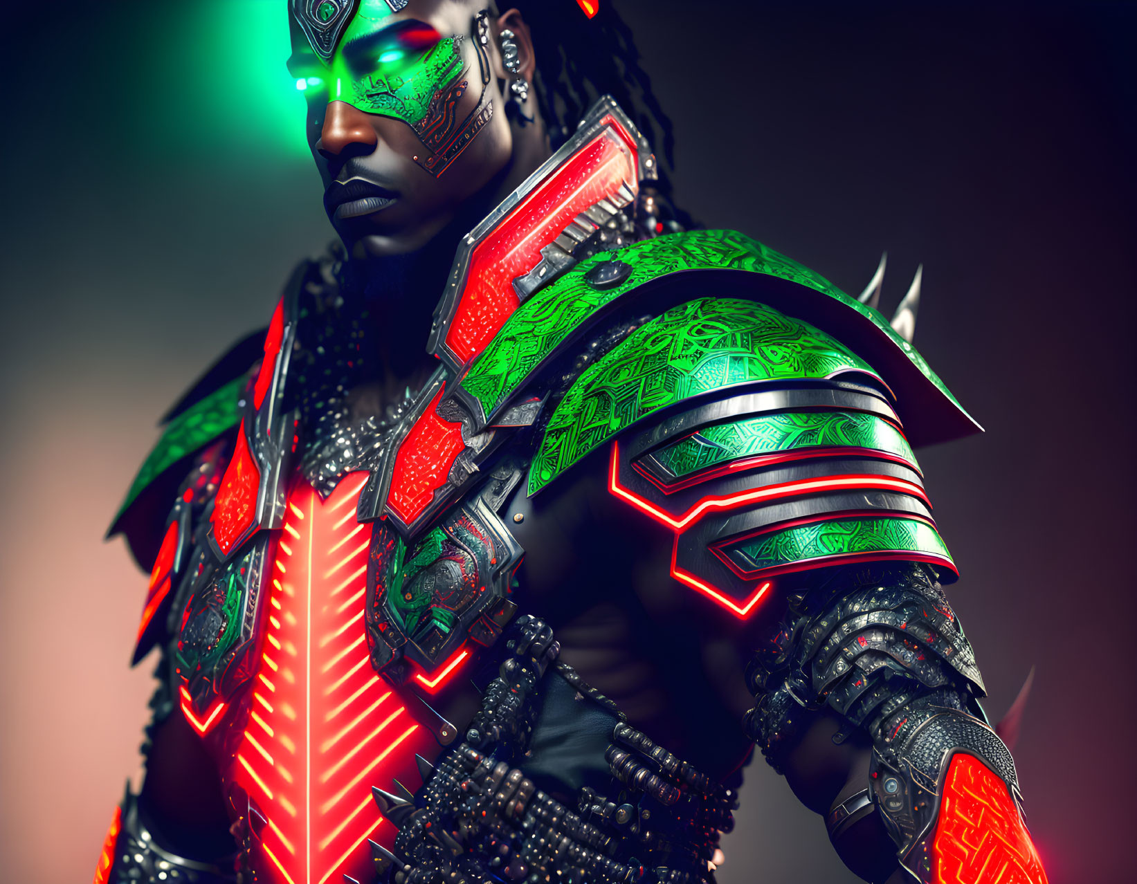 Detailed futuristic tribal-inspired armor with glowing lights & cybernetic enhancements