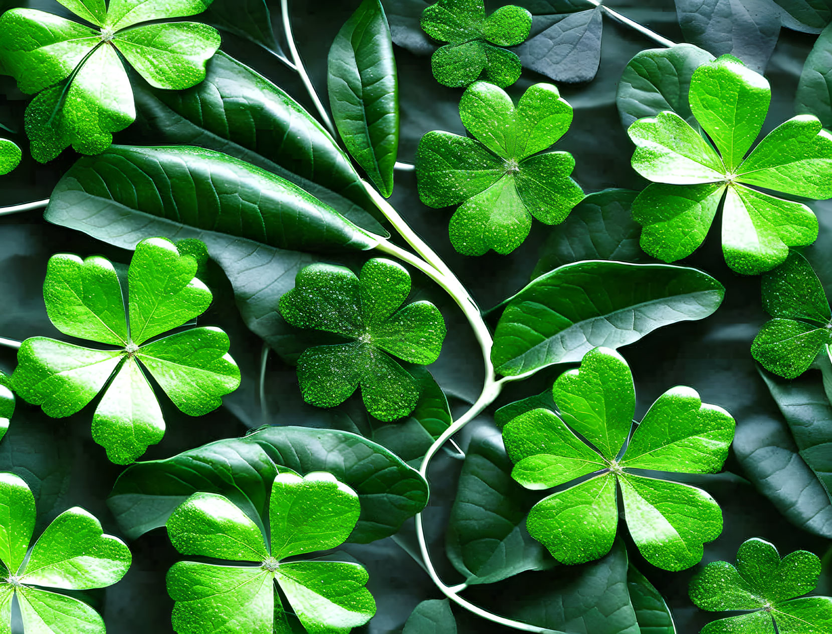 Green leaves with clover patterns and dewdrops under sunlight