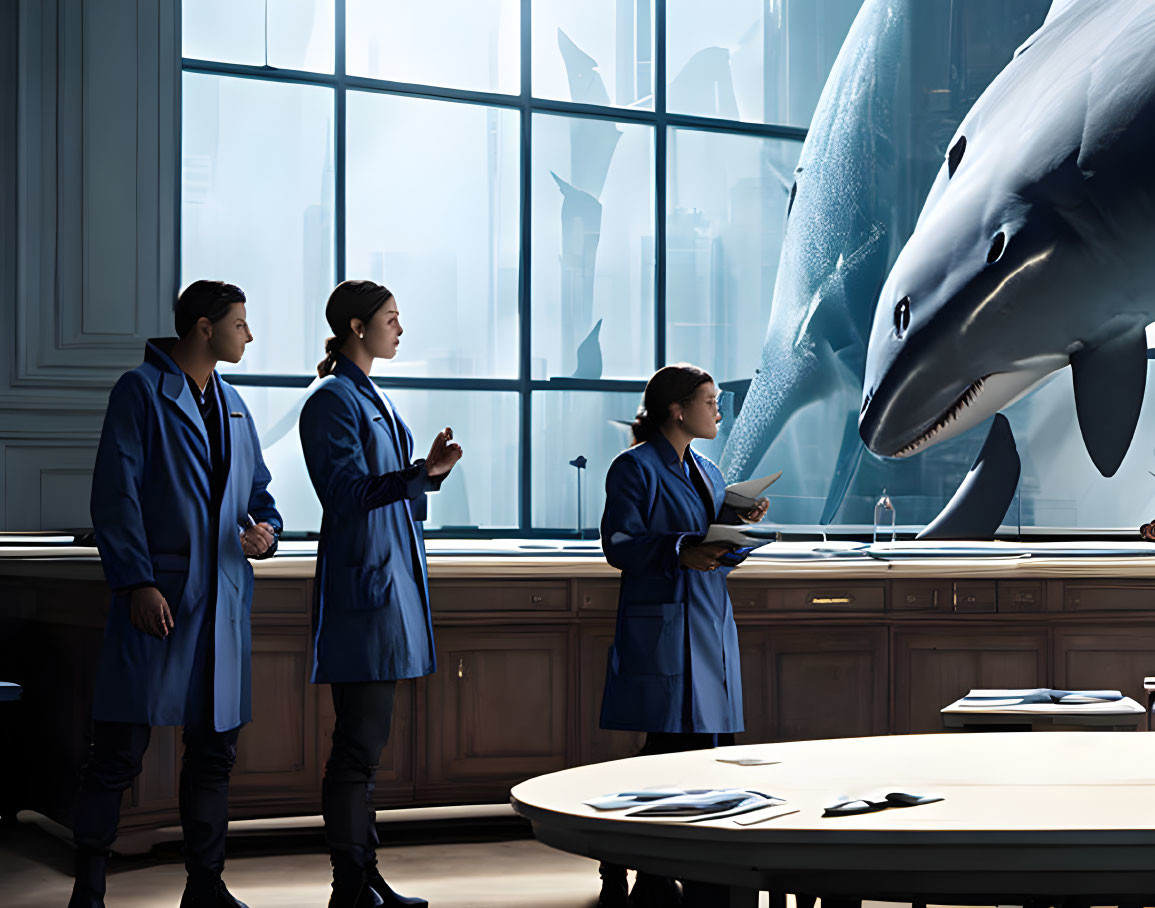 Three scientists in lab coats observe a large shark through a deep-sea observation window