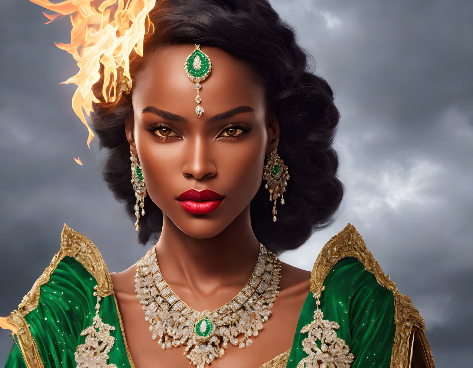 Woman with flaming crown in ornate green and gold outfit