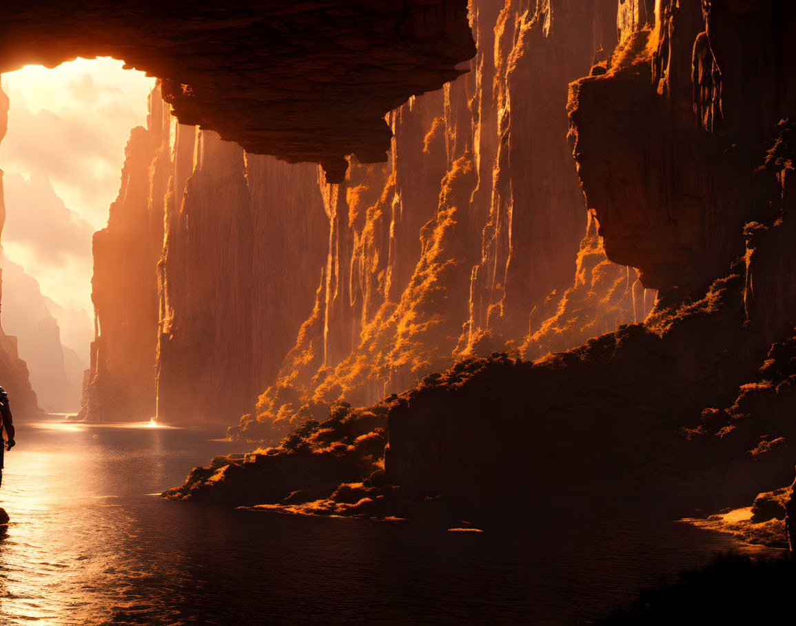 Majestic canyon with towering rock walls and serene river