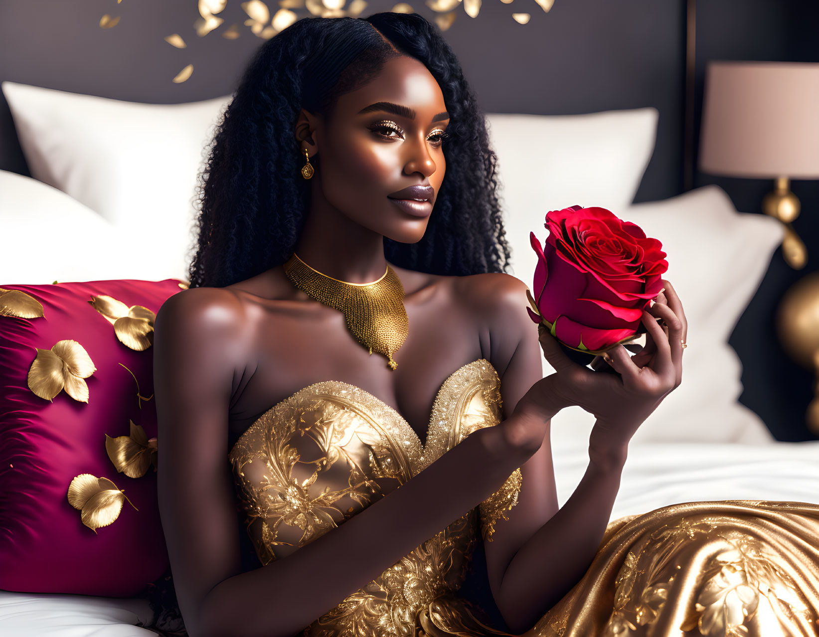 Elegant woman in gold attire with choker necklace holding red rose on luxurious bed