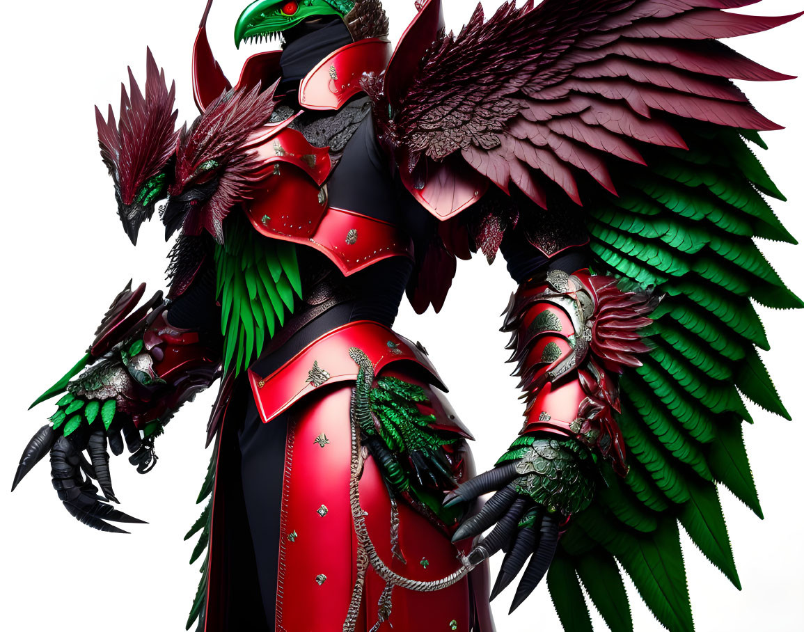 Fantastical armored figure with red and green plating resembling a bird and dragon.