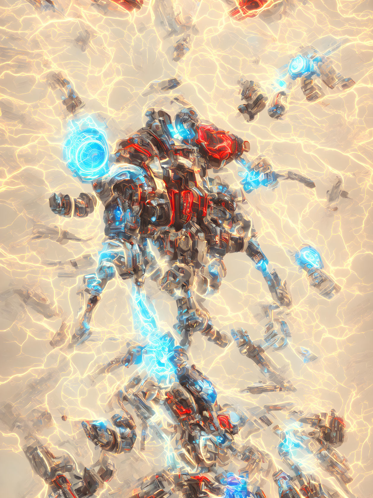 Detailed Red and Blue Robot with Lightning Patterns