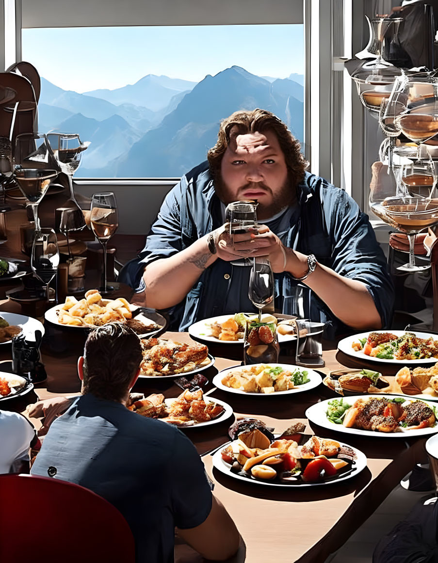 Person at table with various dishes, feeling overwhelmed, mountain view in background