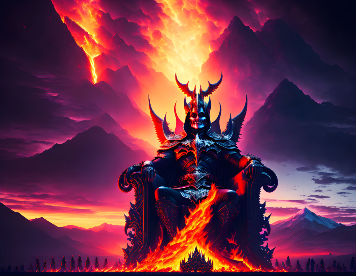 Sinister horned figure on fiery throne amid mountain backdrop.