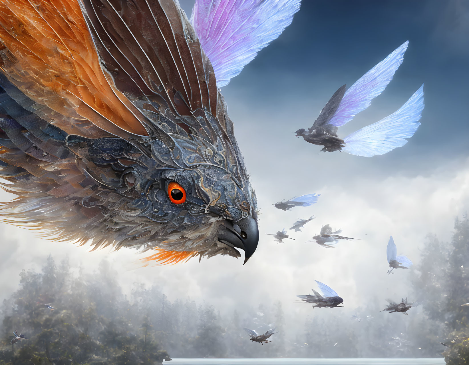 Fantastical bird with mechanical features and vibrant feathers in cloudy sky