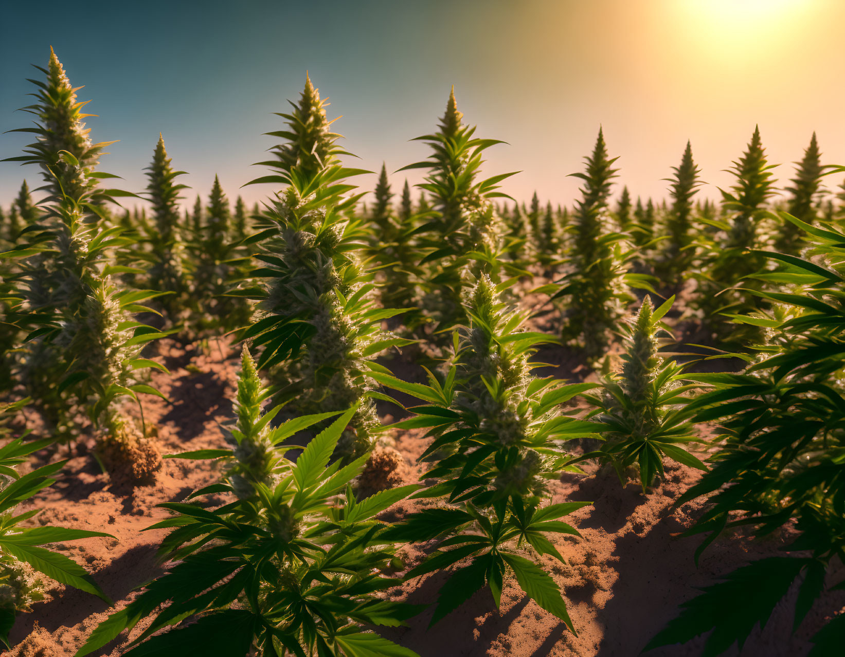 Rows of flowering cannabis plants under warm sunset sky