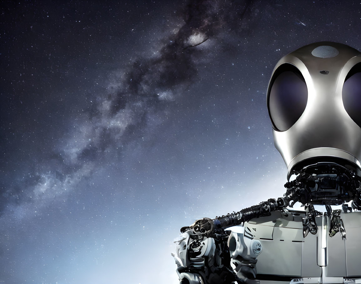 Humanoid robot with reflective head under starry sky.