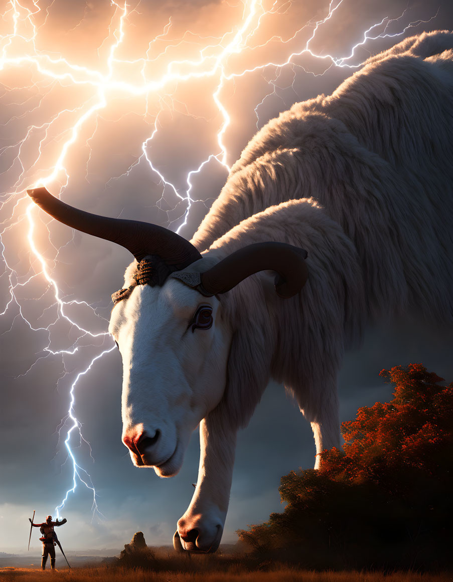 Enormous goat with large horns in fiery sky with lightning