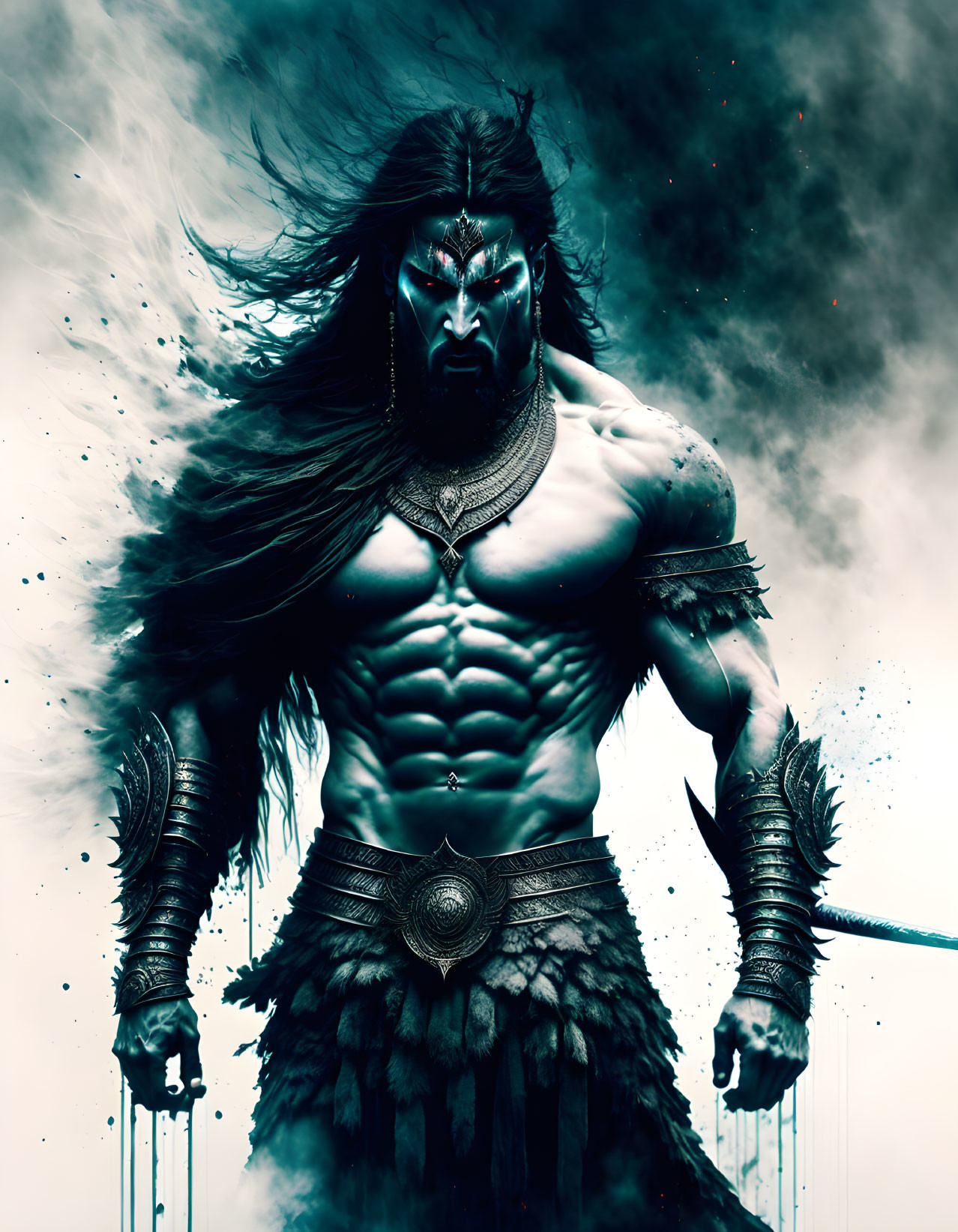 Blue-skinned warrior with tribal markings wields sword in dark setting