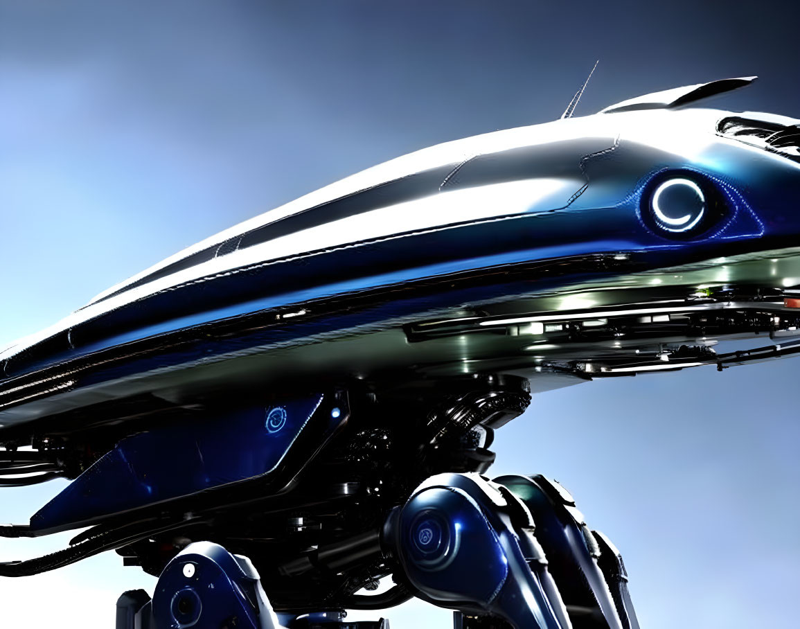 Futuristic blue vehicle with robotic legs on serene sky backdrop