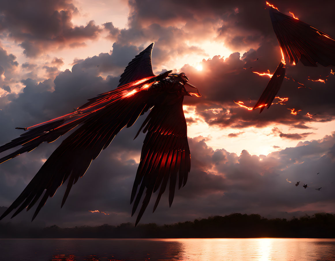 Fiery-winged birds soar over tranquil lake at sunset