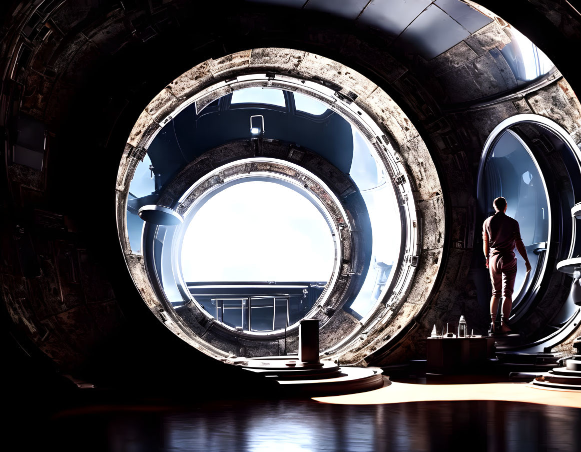 Futuristic spacecraft interior with large circular windows and natural light