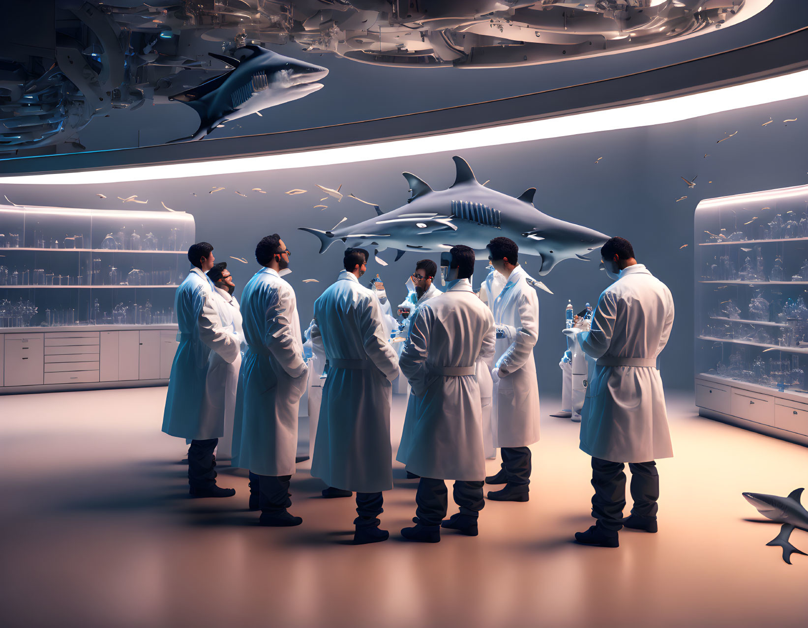 Scientists in lab coats discussing in futuristic underwater lab with marine life.