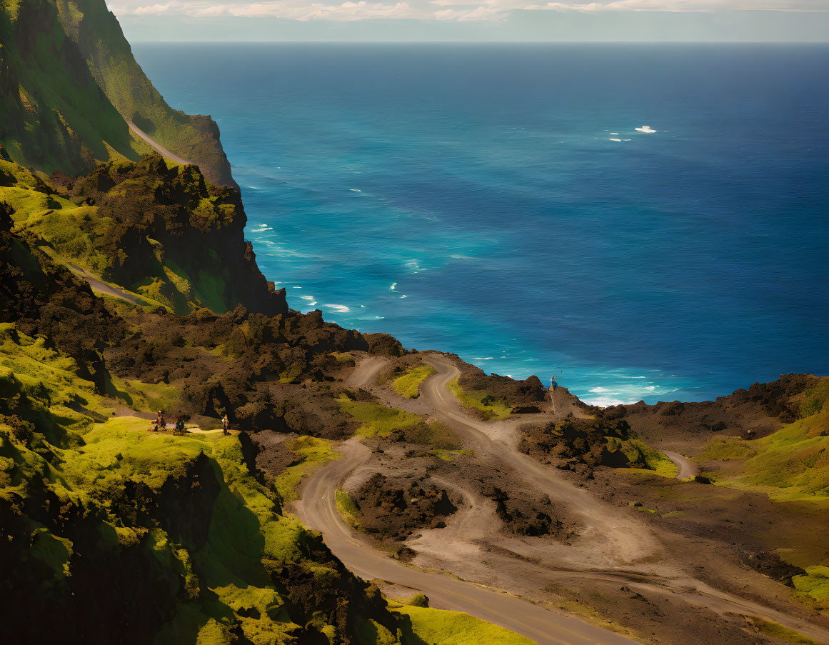 Scenic dirt road through lush cliffside overlooking blue ocean