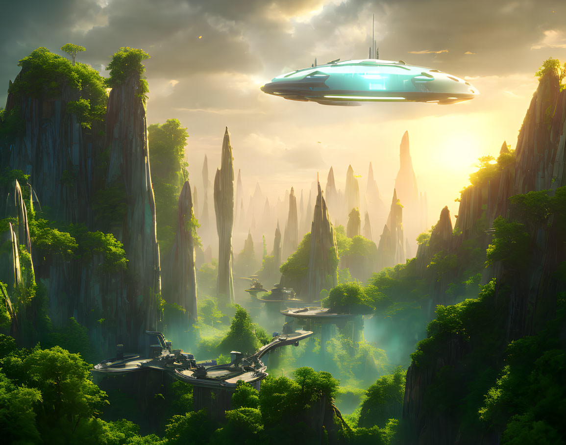 Futuristic spaceship over lush valley with rock formations at sunrise