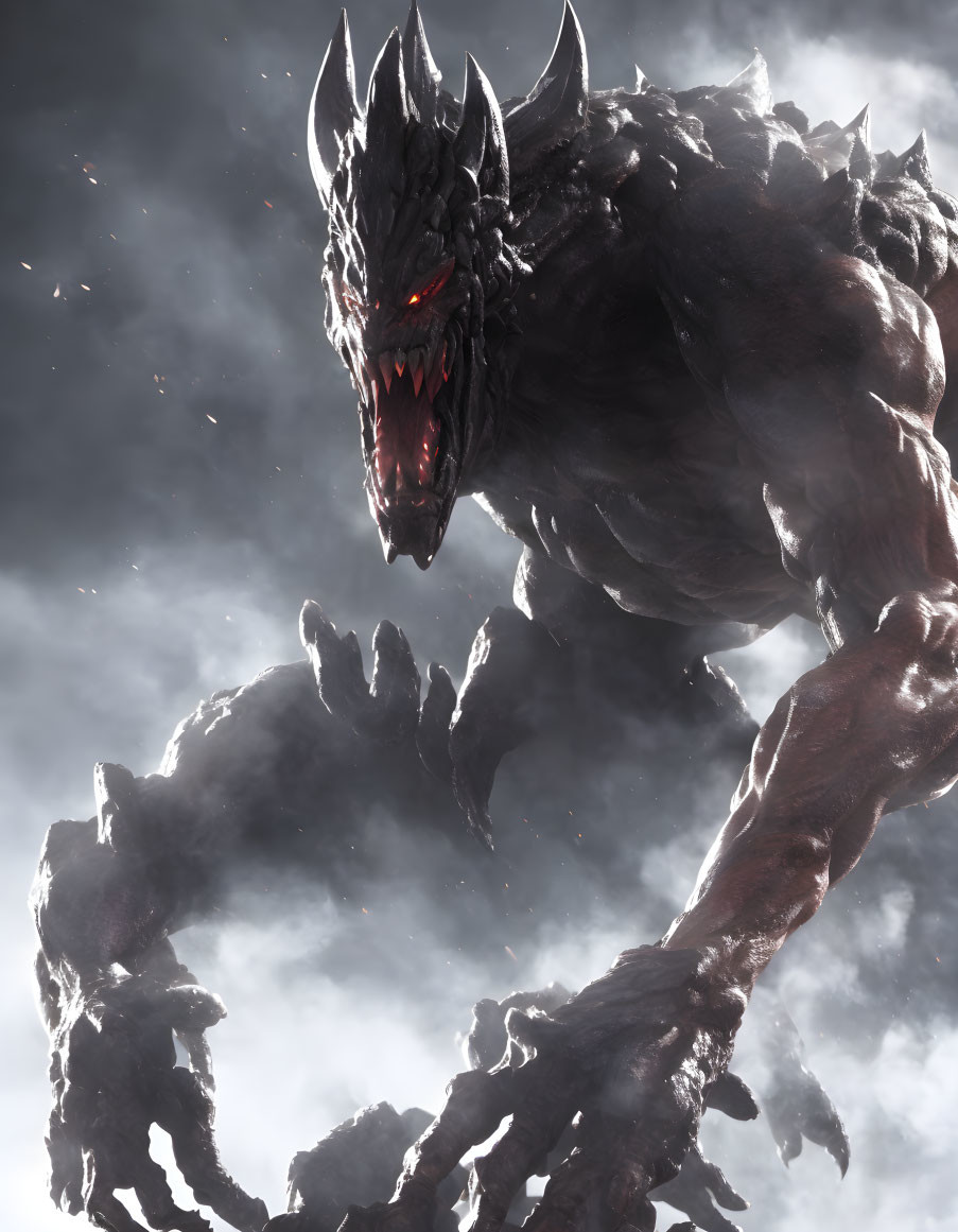 Muscular fantasy creature with wolf-like features and glowing red eyes in mist