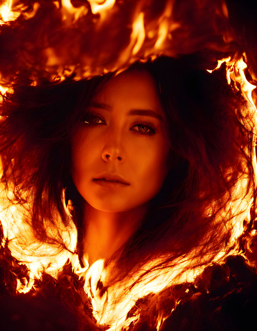 Woman in Flames: Serene expression amidst intense fire.