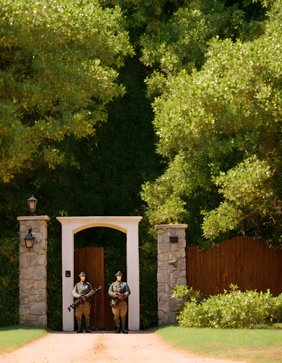 Historical military uniforms guards at open gates of walled compound