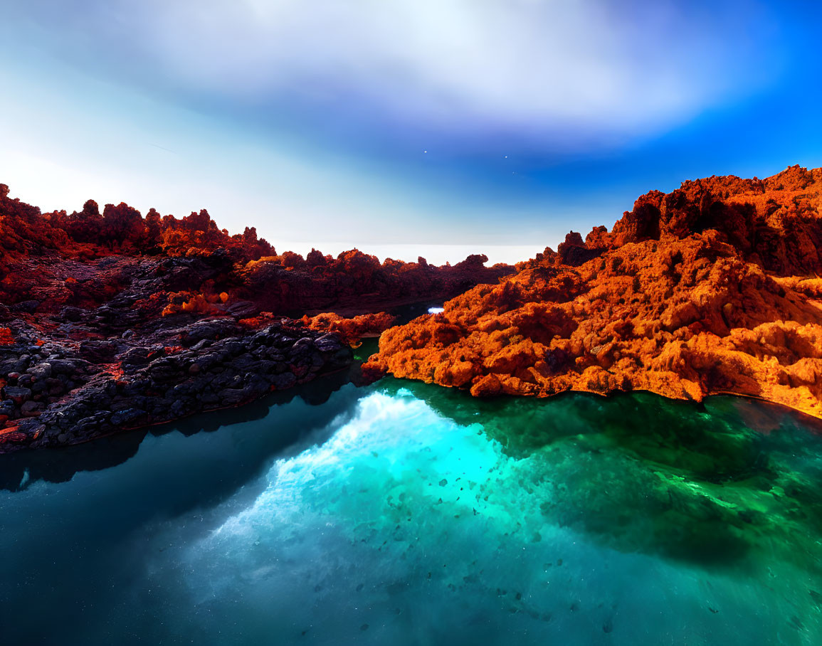 Vivid orange and red rocky terrain by turquoise water in vibrant landscape