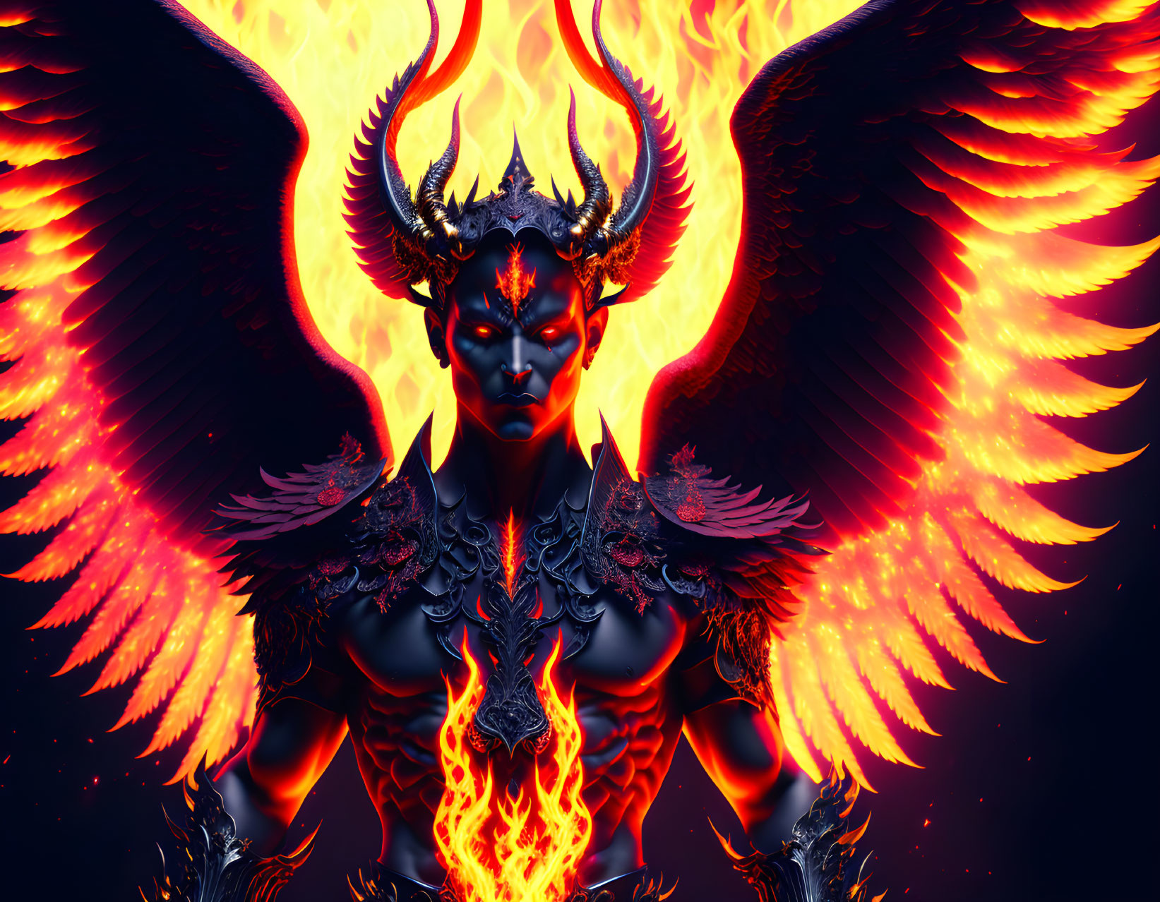 Fiery winged creature with horns and red eyes in flames on dark backdrop