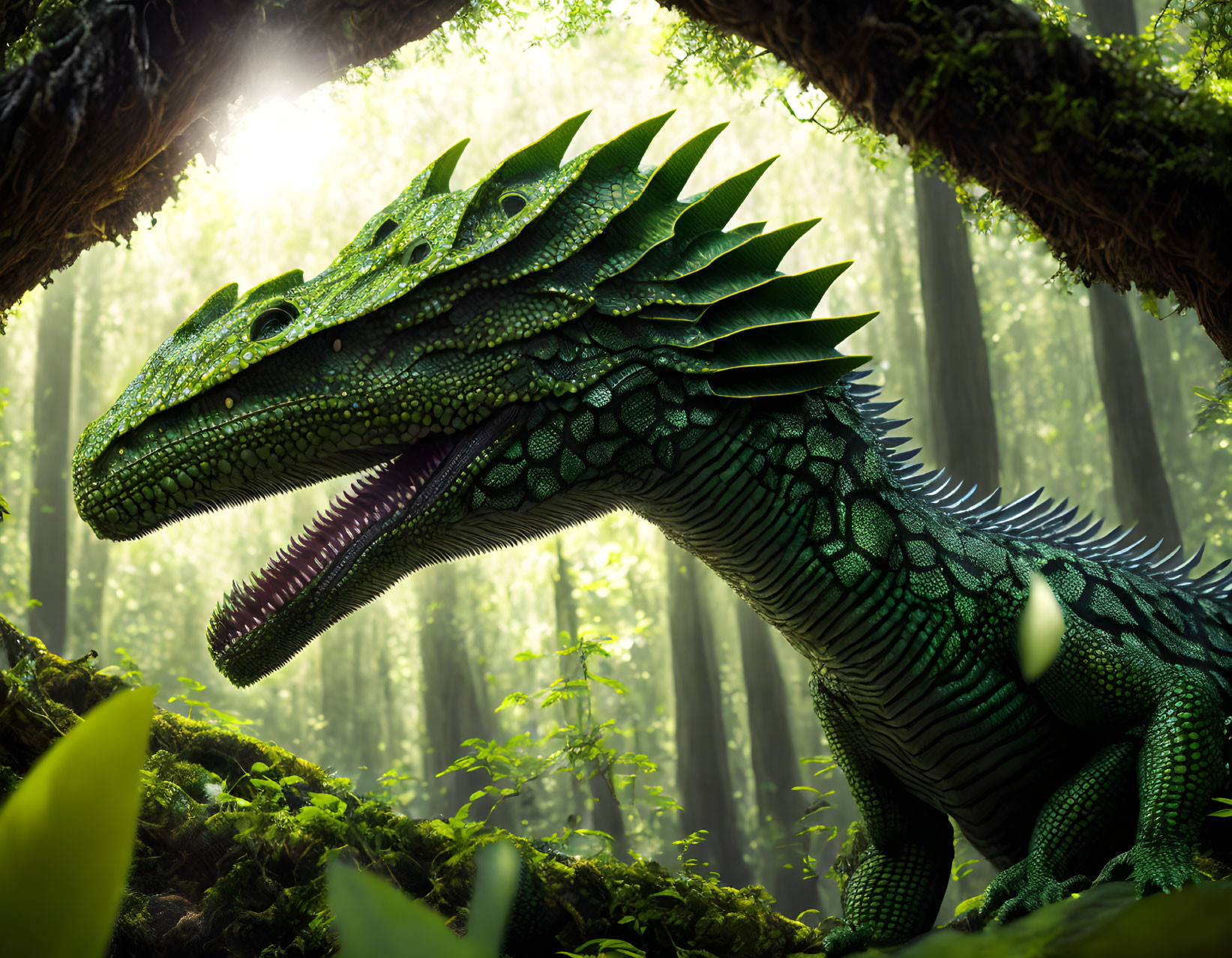 Realistic 3D Green Dinosaur in Misty Forest with Sunbeams