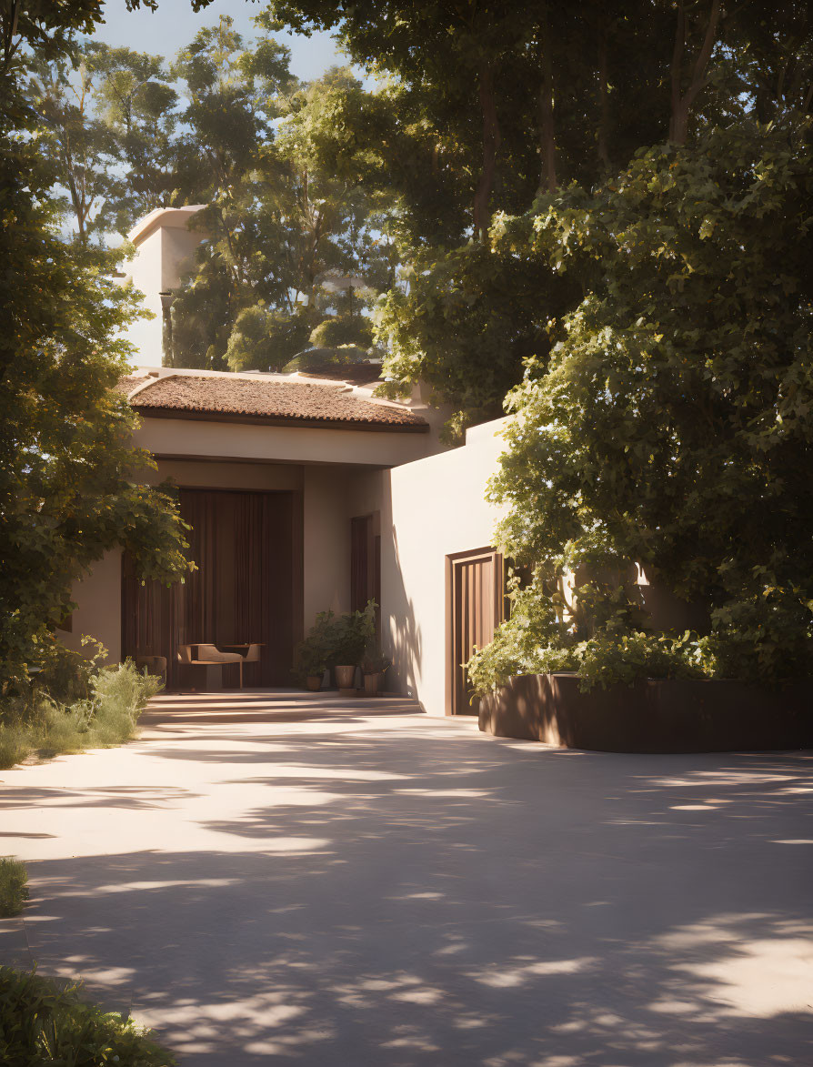 Modern house surrounded by lush trees and sunlight filtering through, pathway to the door.