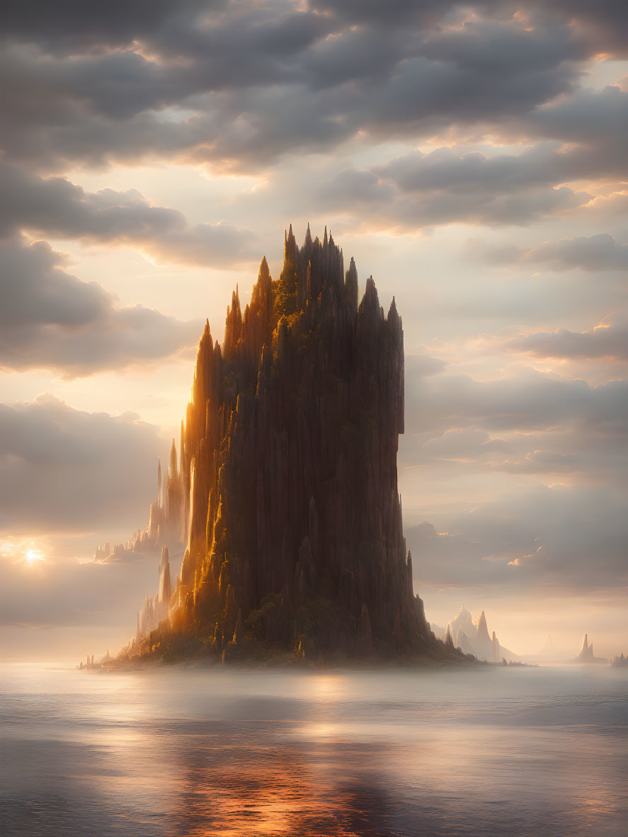 Mystical mountain island in serene sea at sunrise or sunset