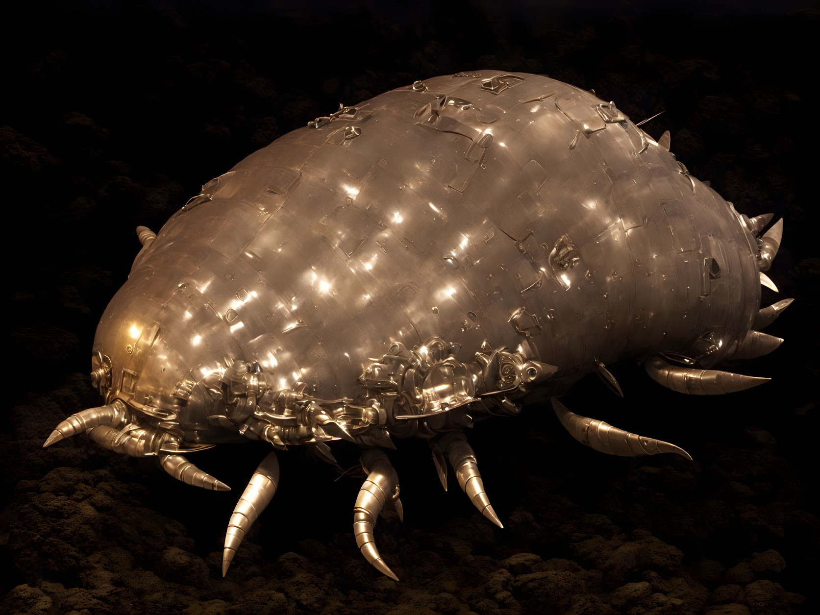 Detailed metallic isopod sculpture on dark rocky surface