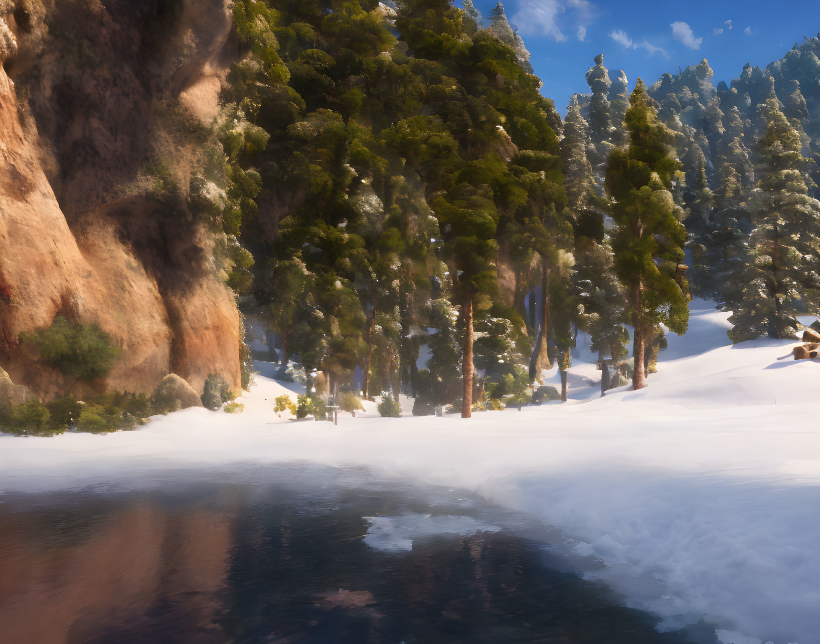 Snowy Landscape with Evergreen Trees, Cliffside, and Frozen Lake