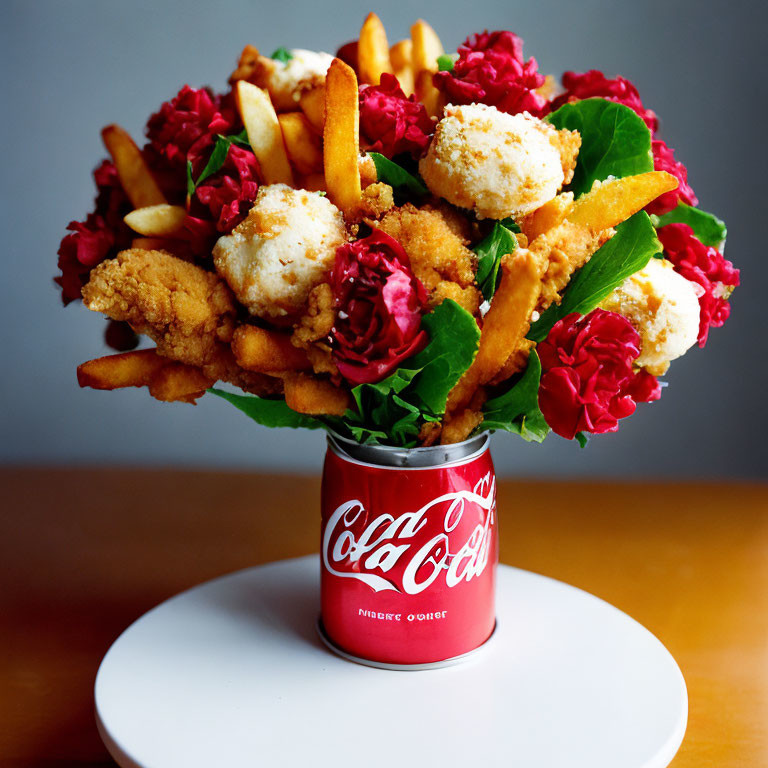 Unique Edible Bouquet Featuring Fried Chicken, Mozzarella Balls, Fries, and Greens in Coke