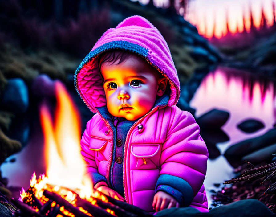 Toddler in Pink Jacket by Campfire at Dusk