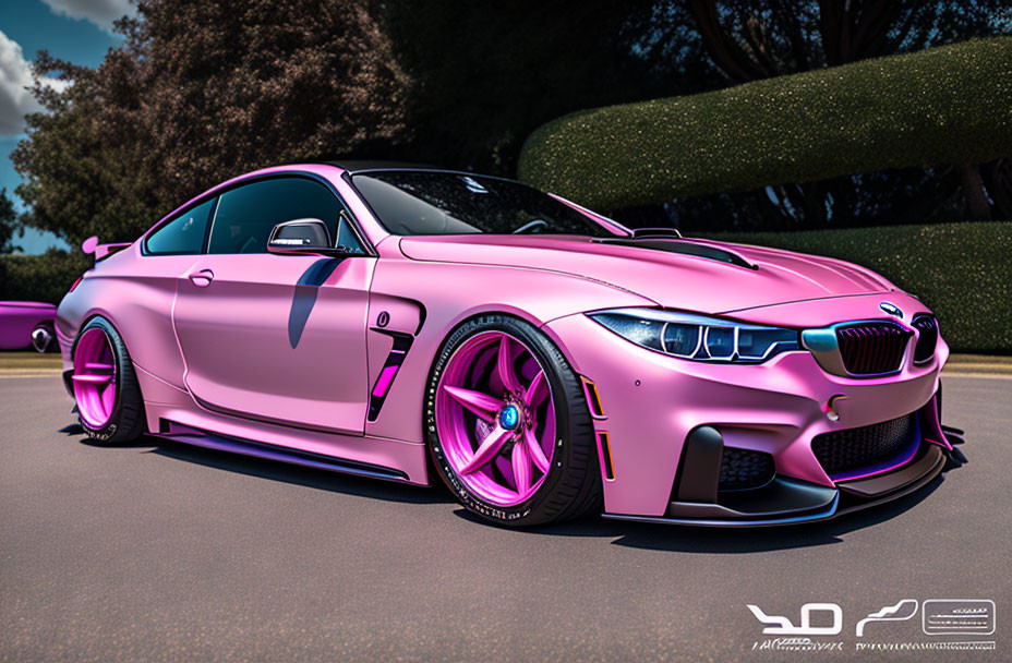 Pink Custom-Tuned Sports Car with Matching Rims Parked Under Trees