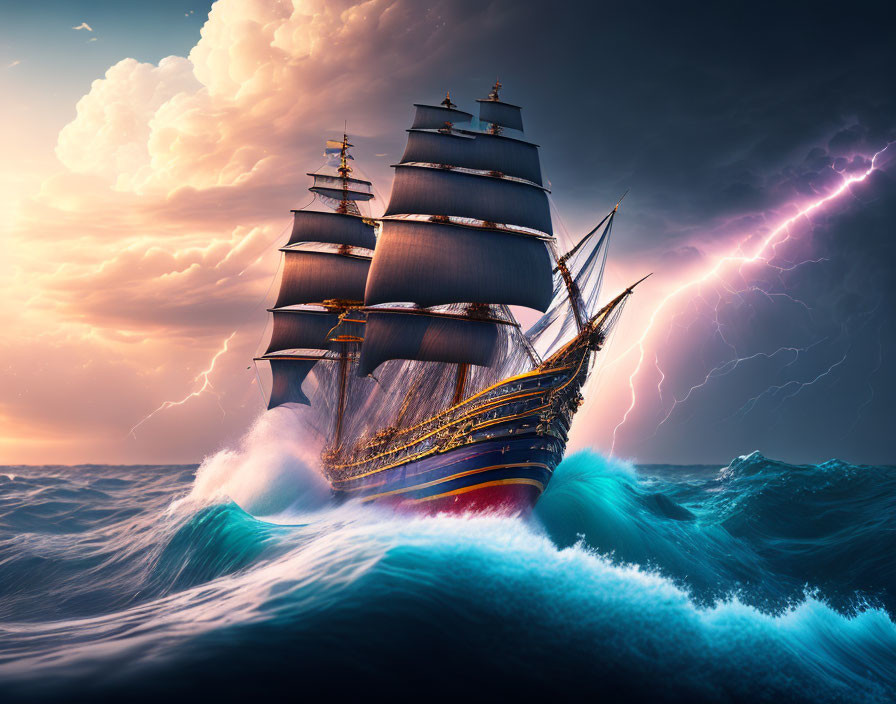 Tall ship sailing in stormy seas with lightning strikes