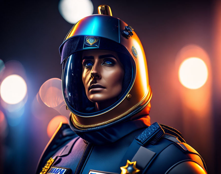 Futuristic police officer in sleek blue uniform with high-gloss helmet and gold trim badge emblems