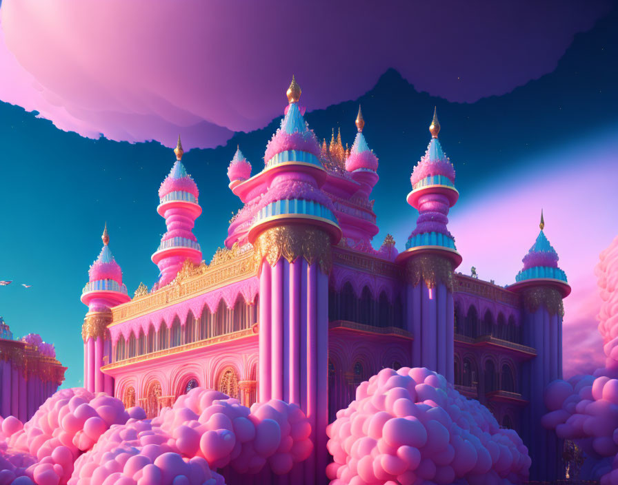 Fantastical Pink Palace with Ornate Towers and Purple Sky