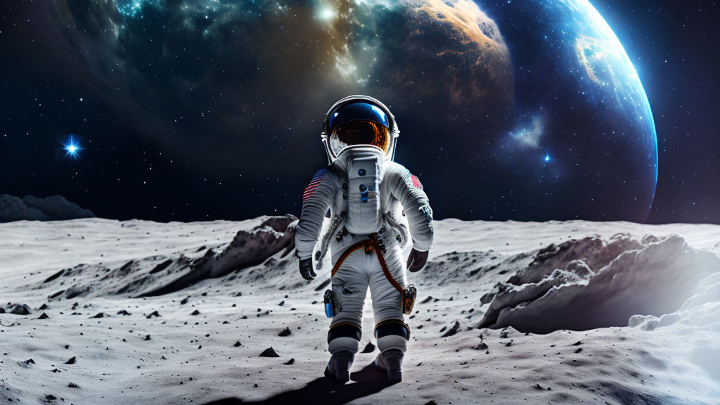 Astronaut in white space suit on moon with Earth rising.